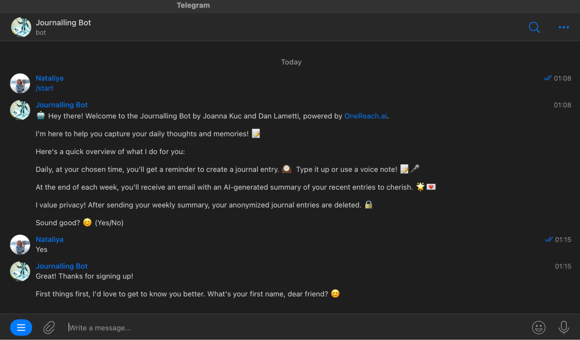A pilot version of a Telegram-based Journalling Bot can be found via the link: https://telegram.me/journallingbot